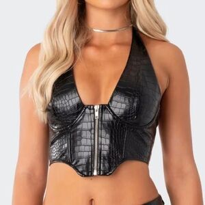 Edikted Black Croc-Texture Zip Crop Top